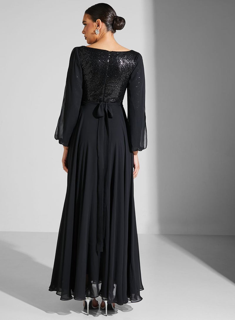 Sequin Puff Sleeve Belted Dress