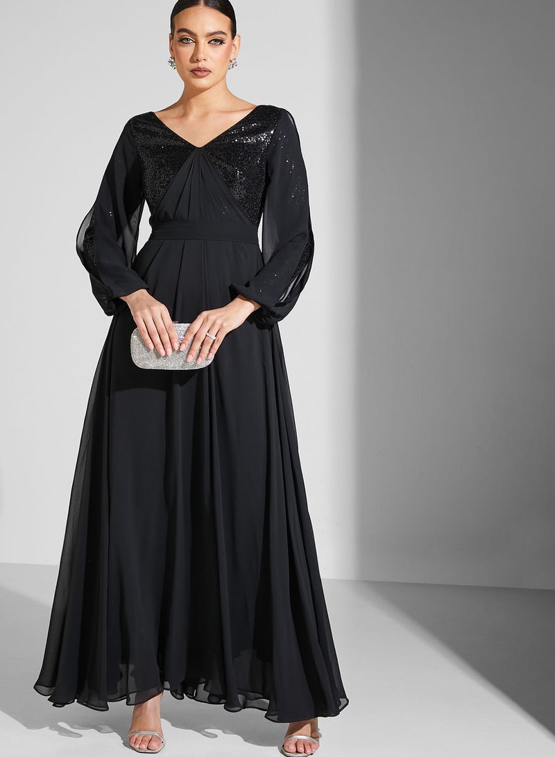 Sequin Puff Sleeve Belted Dress