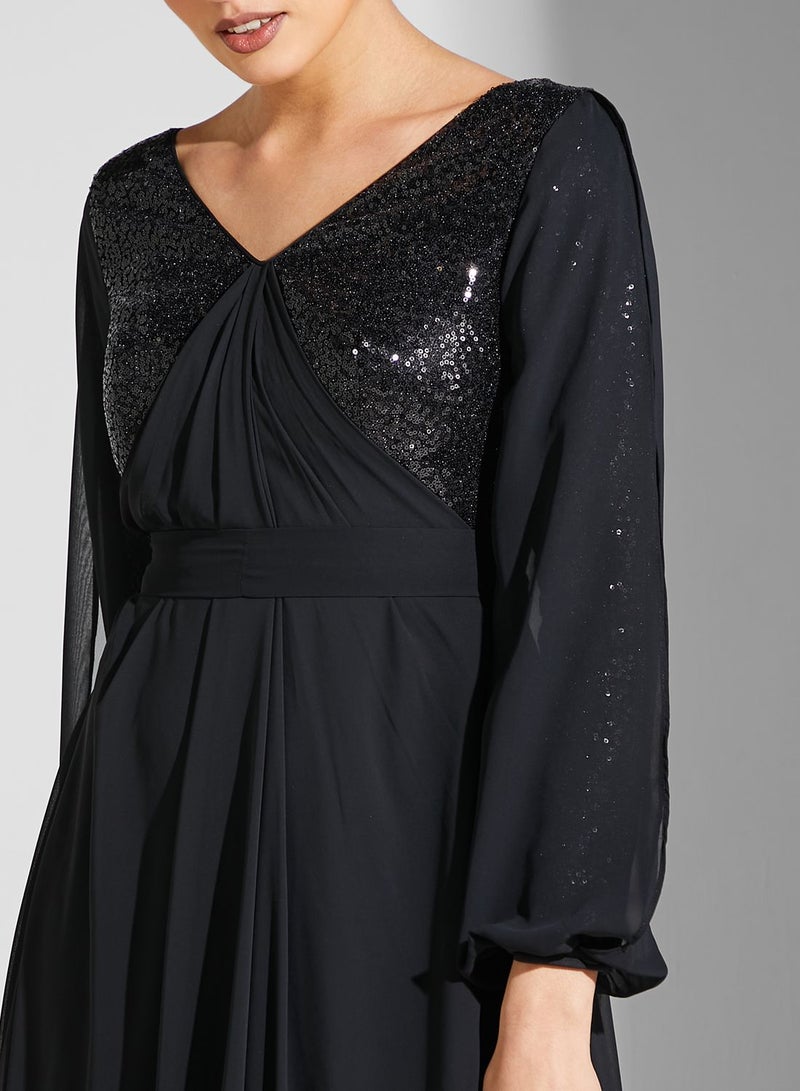 Sequin Puff Sleeve Belted Dress