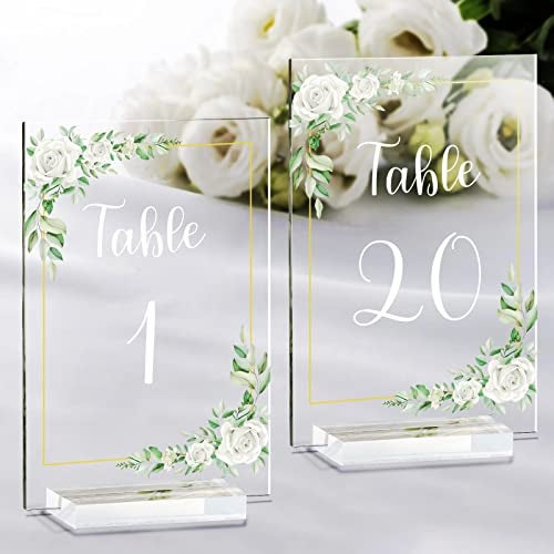 OurWarm White Rose Acrylic Wedding Table Numbers 120 4x6 Inch Printed Calligraphy Table Number with Stands Clear Numbers Signs and Holders Perfect for Wedding Reception Anniversary Event