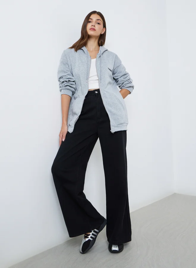 Styli Styli Grey Embroidered Slogan Hooded Jacket