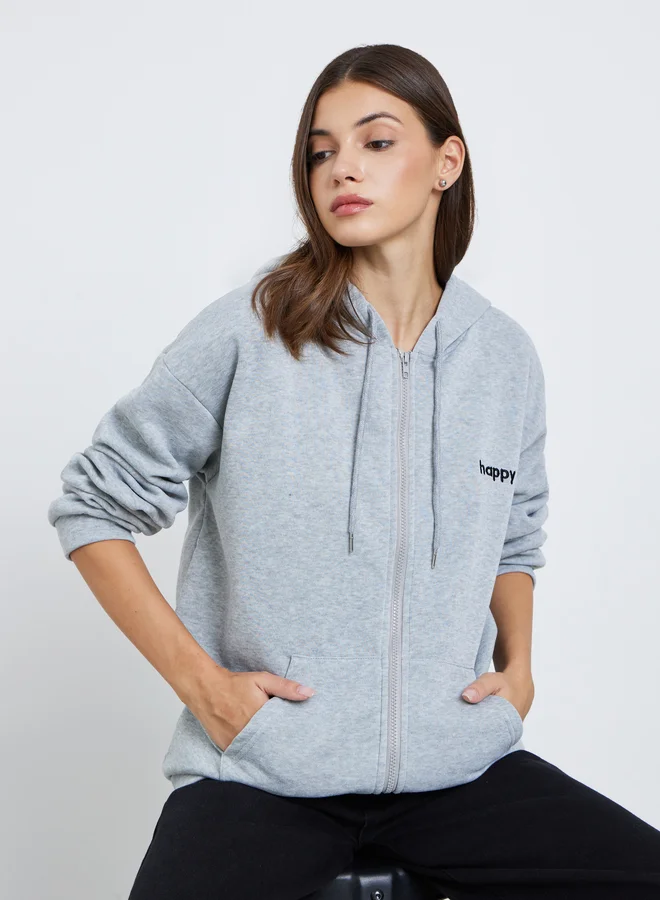 Styli Styli Grey Embroidered Slogan Hooded Jacket