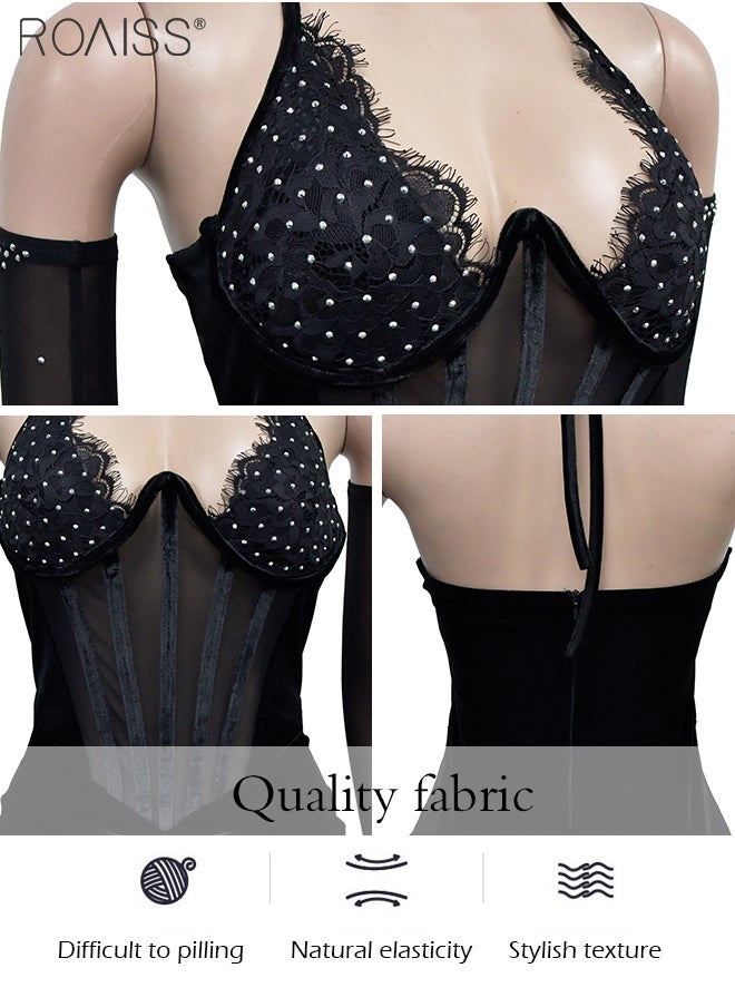 roaiss Fashionable Party Dress Women'S Velvet Rhinestone Formal Occasion Halter Neck Backless Dress  - Image 2