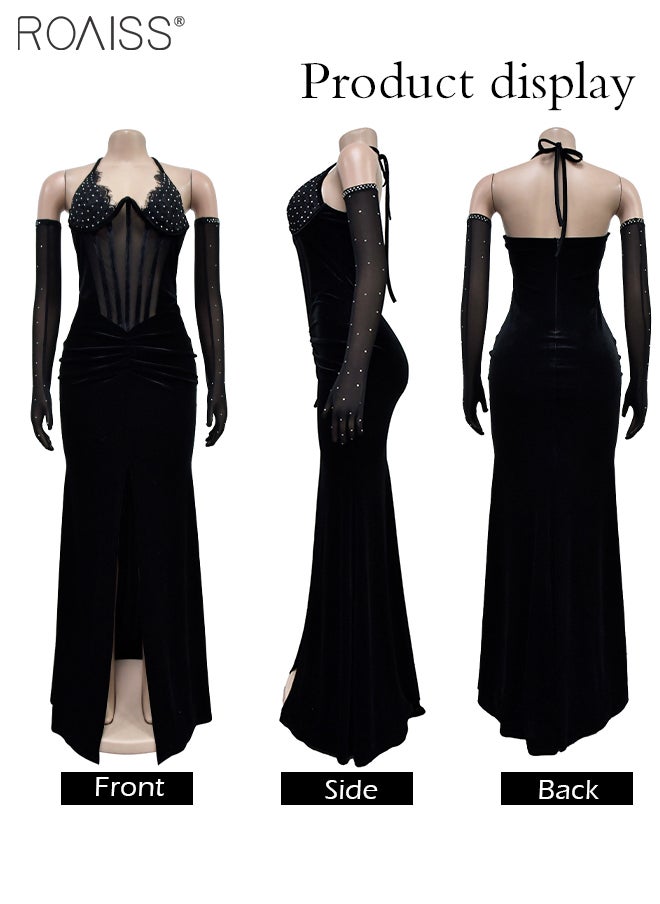 roaiss Fashionable Party Dress Women'S Velvet Rhinestone Formal Occasion Halter Neck Backless Dress  - Image 1