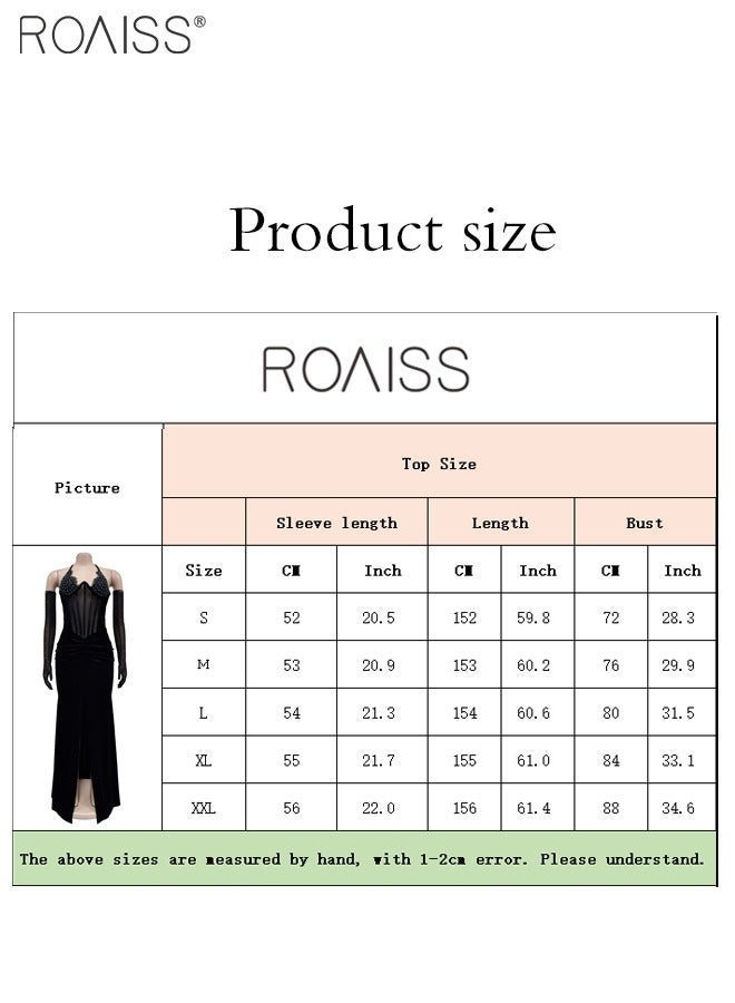 roaiss Fashionable Party Black Dress Women's Velvet Rhinestone Formal Occasion Halter Neck Backless Dress - Image 4