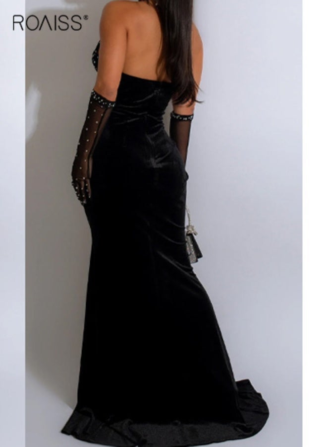roaiss Fashionable Party Black Dress Women's Velvet Rhinestone Formal Occasion Halter Neck Backless Dress - Image 3