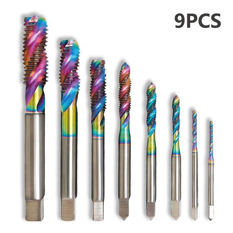 9pcs HSS Spiral Flute Tap Set M2 to M12 3 Flute Multi Purpose Threading Tools - Image 1