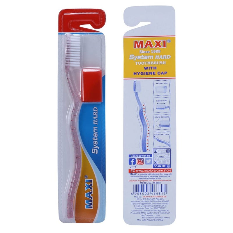 MAXI Adult System Hard Bristles Manual Toothbrush With Anti-Bacterial Cap, Multicolor, Easy To Carry (Pack Of 4) - Image 5