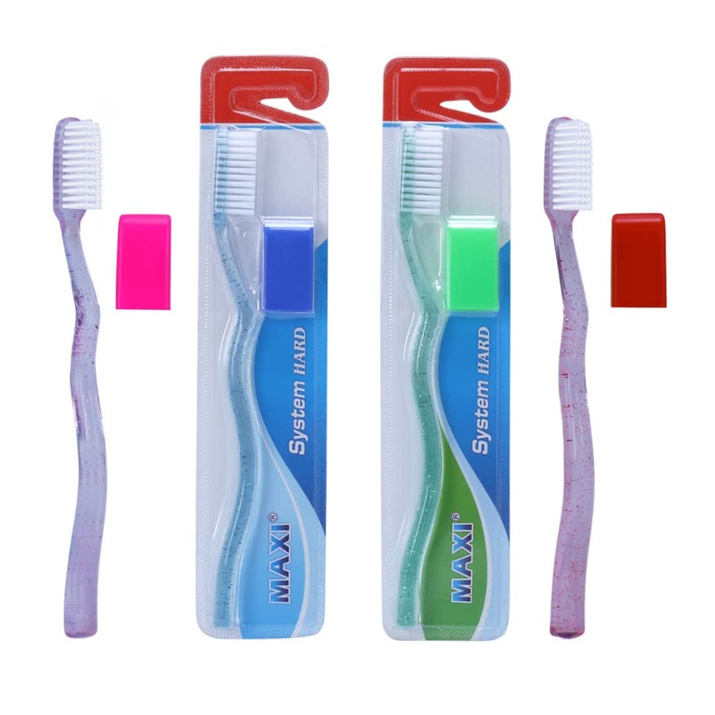 MAXI Adult System Hard Bristles Manual Toothbrush With Anti-Bacterial Cap, Multicolor, Easy To Carry (Pack Of 4) - Image 1
