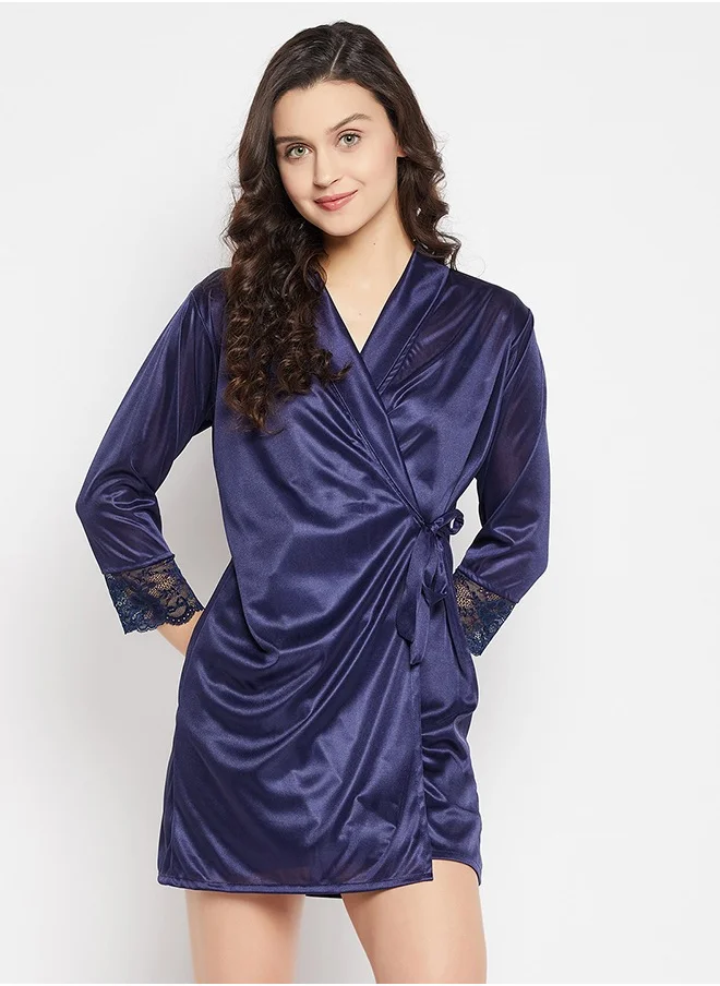 Clovia Clovia Chic Basic Babydoll & Robe Set in Navy - Satin