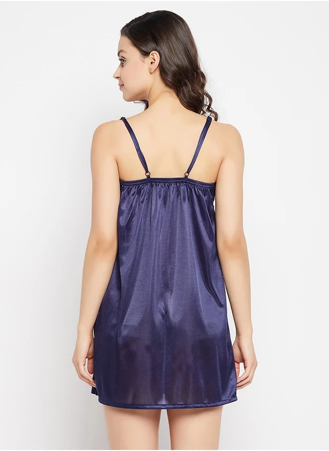 Clovia Clovia Chic Basic Babydoll & Robe Set in Navy - Satin