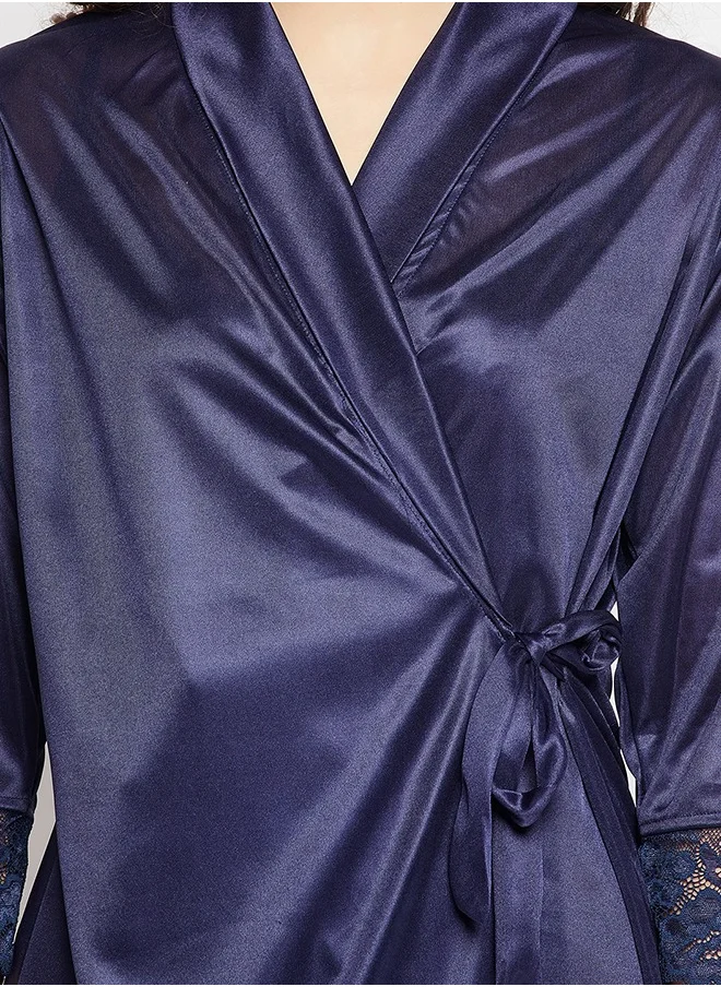 Clovia Clovia Chic Basic Babydoll & Robe Set in Navy - Satin
