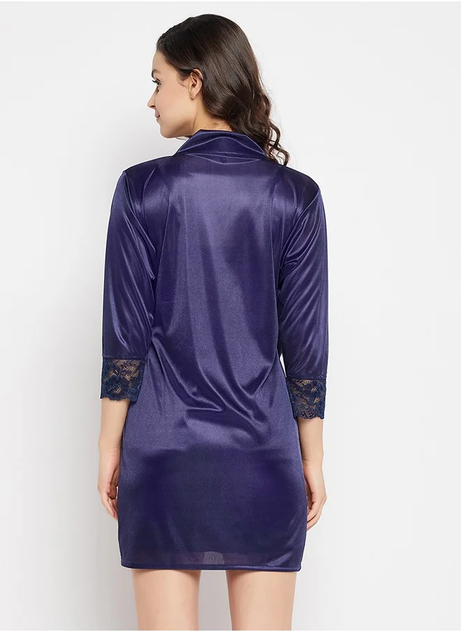 Clovia Clovia Chic Basic Babydoll & Robe Set in Navy - Satin