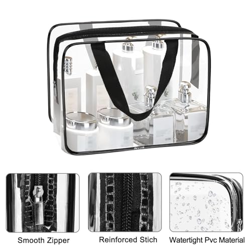APREUTY Clear Makeup Bags, TSA Approved 3 Pcs Large Cosmetic Makeup Bags Set Clear PVC with Zipper Handle Portable Travel Luggage Pouch Airport Airline Vacation Organization (Black) - Image 3