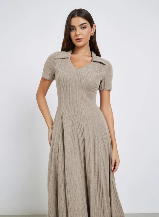 Styli Beige Knit Midi Dress with Open Collar