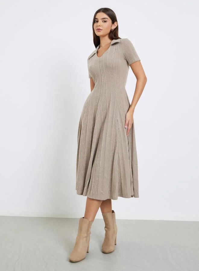 Beige Knit Midi Dress with Open Collar