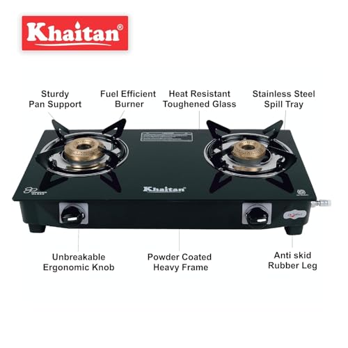 Khaitan Gas Stove Combo - One 2 Burner Nano Gas Stove + 1 Hindflame Gas Ligher + 1 Hindflame Chopper 500 ml, Toughened Glass - Image 4
