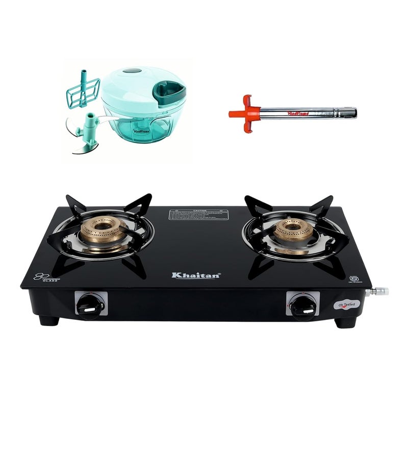 Khaitan Gas Stove Combo - One 2 Burner Nano Gas Stove + 1 Hindflame Gas Ligher + 1 Hindflame Chopper 500 ml, Toughened Glass - Image 1