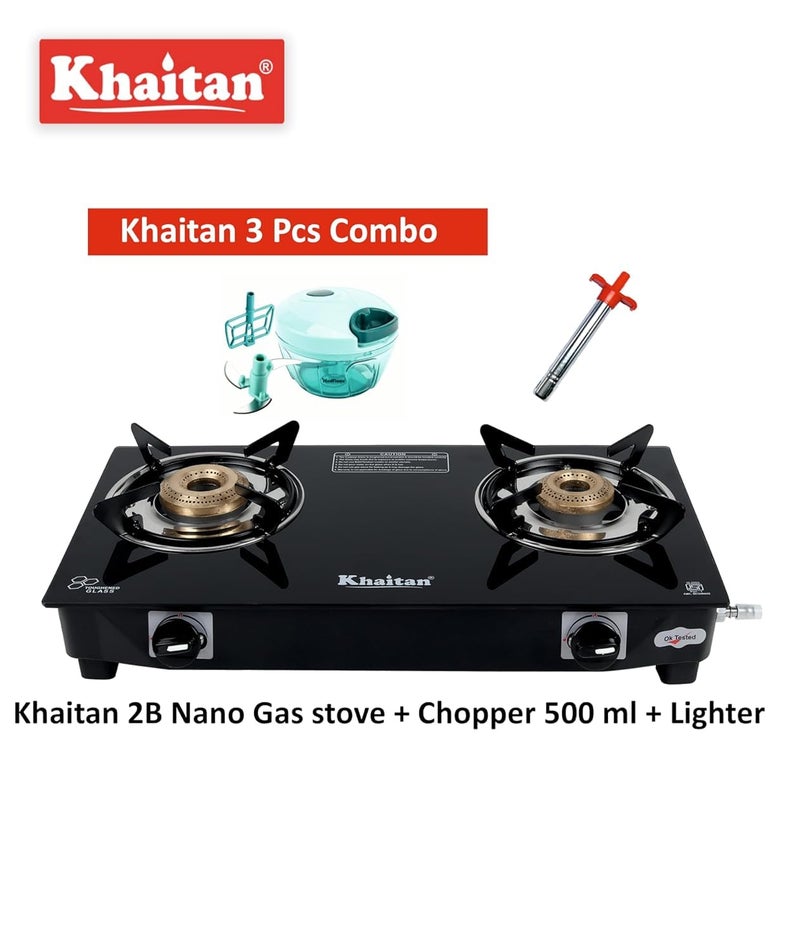 Khaitan Gas Stove Combo - One 2 Burner Nano Gas Stove + 1 Hindflame Gas Ligher + 1 Hindflame Chopper 500 ml, Toughened Glass - Image 2