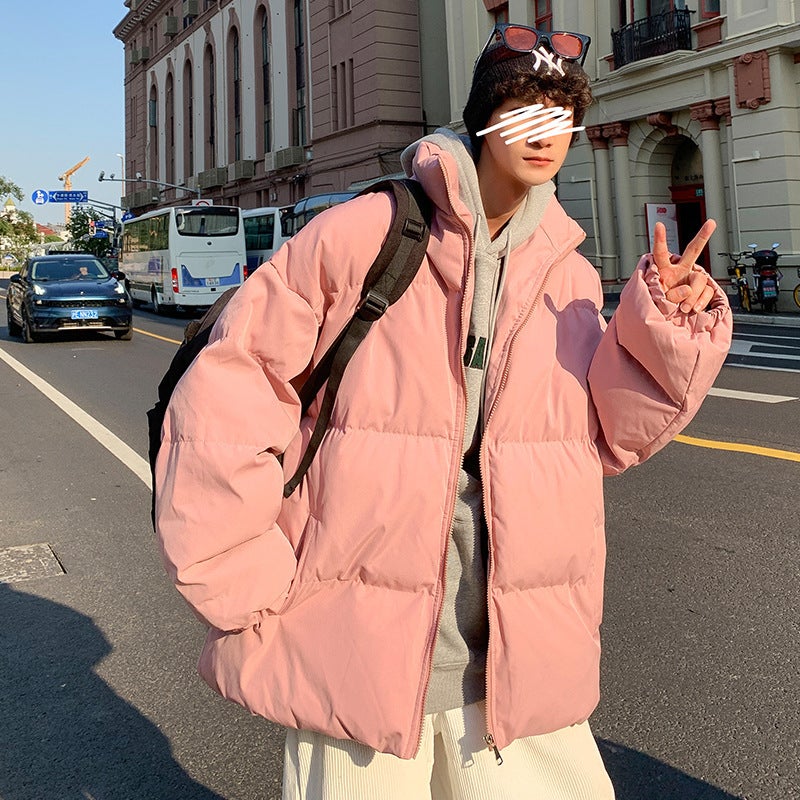 Cotton-padded jacket mens winter trendy brand plump handsome down cotton-padded jacket ins Hong Kong-style relaxed-fit casual cotton-padded jacket trendy thick coat Pink - Image 1