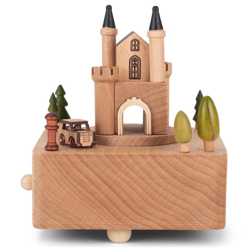 Cottage Garden Castle Car Woodgrain 6 inch Beech WindUp Musical Figurine