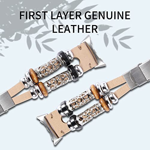 KONAFEI Compatible with Google Pixel Watch 2 (2023)/ Pixel Watch Band, Slim Handmade Leather Bracelets Boho Bead Metal Jewelry Retro Strap Wristband Accessories for Women and Men, A-Beige - Image 4