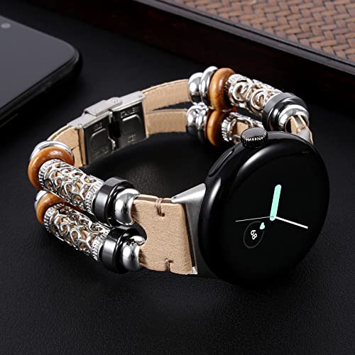 KONAFEI Compatible with Google Pixel Watch 2 (2023)/ Pixel Watch Band, Slim Handmade Leather Bracelets Boho Bead Metal Jewelry Retro Strap Wristband Accessories for Women and Men, A-Beige - Image 2