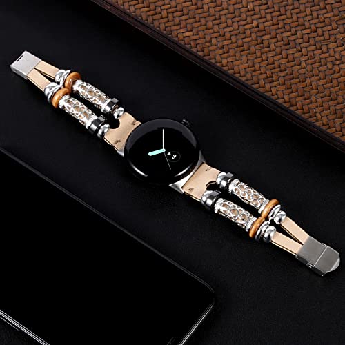 KONAFEI Compatible with Google Pixel Watch 2 (2023)/ Pixel Watch Band, Slim Handmade Leather Bracelets Boho Bead Metal Jewelry Retro Strap Wristband Accessories for Women and Men, A-Beige - Image 3
