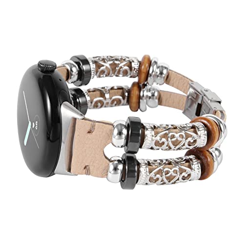 KONAFEI Compatible with Google Pixel Watch 2 (2023)/ Pixel Watch Band, Slim Handmade Leather Bracelets Boho Bead Metal Jewelry Retro Strap Wristband Accessories for Women and Men, A-Beige - Image 1