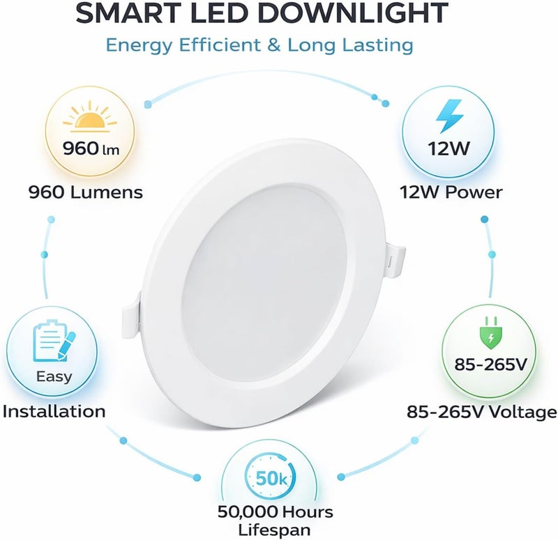 12W LED Downlight Recessed Compact Ceiling Light, 960LM, 80 CRI, Energy Efficient, Environmentally Friendly - Slim Design, Recessed Installation, Ideal for Home and Commercial Us (Warm Light) - Image 4