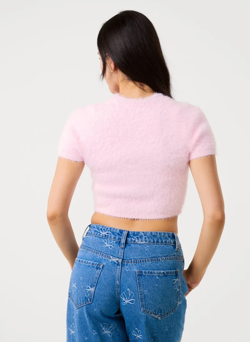 بينك فانيلا Short Sleeve Fluffy Knit Jumper