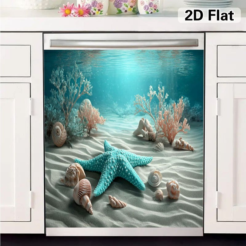 2D Flat 1pc Magnetic Dishwasher Refrigerator Door Cover 25.59 Inch by 23.03 Inch Marine Underwater Starfish Coral Decorative Panel Quick Cover for Most Appliances Elegant Touch for Indoor Decor - Image 1