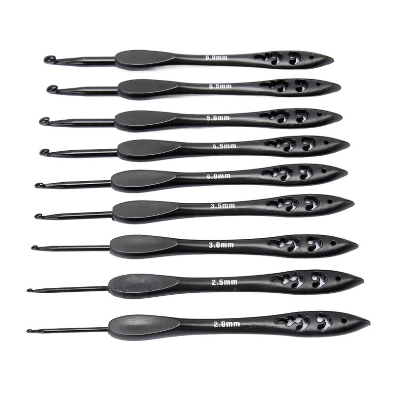Ergonomic Aluminum Crochet Hooks Set 9pcs 2 0 6 0mm Reduce Hand Cramps Stylish Black Design - Image 3