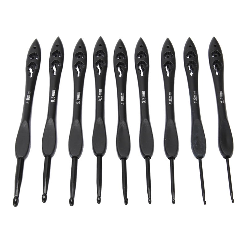 Ergonomic Aluminum Crochet Hooks Set 9pcs 2 0 6 0mm Reduce Hand Cramps Stylish Black Design - Image 4