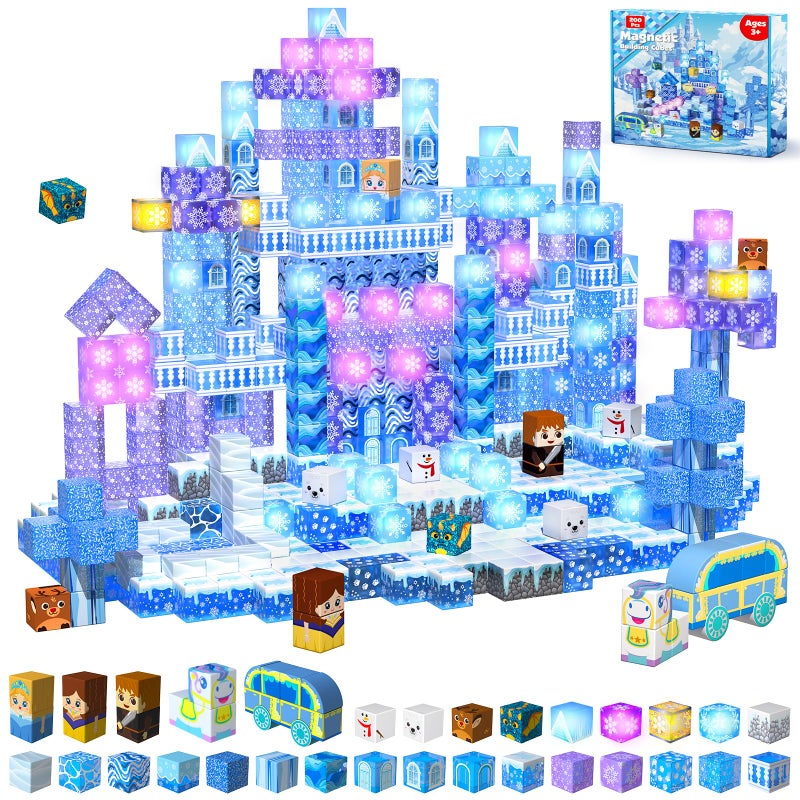 Magnetopia 200 PCS Magnetic Blocks with Light Up Blocks Transparent Magnetic Building Block for Kids Age 3 Magnet Cubes Blue Castle Magnets Toys Christmas Birthday Gift for Boys Girls 4 5 6 7 8 9 10 11 12 - Image 3