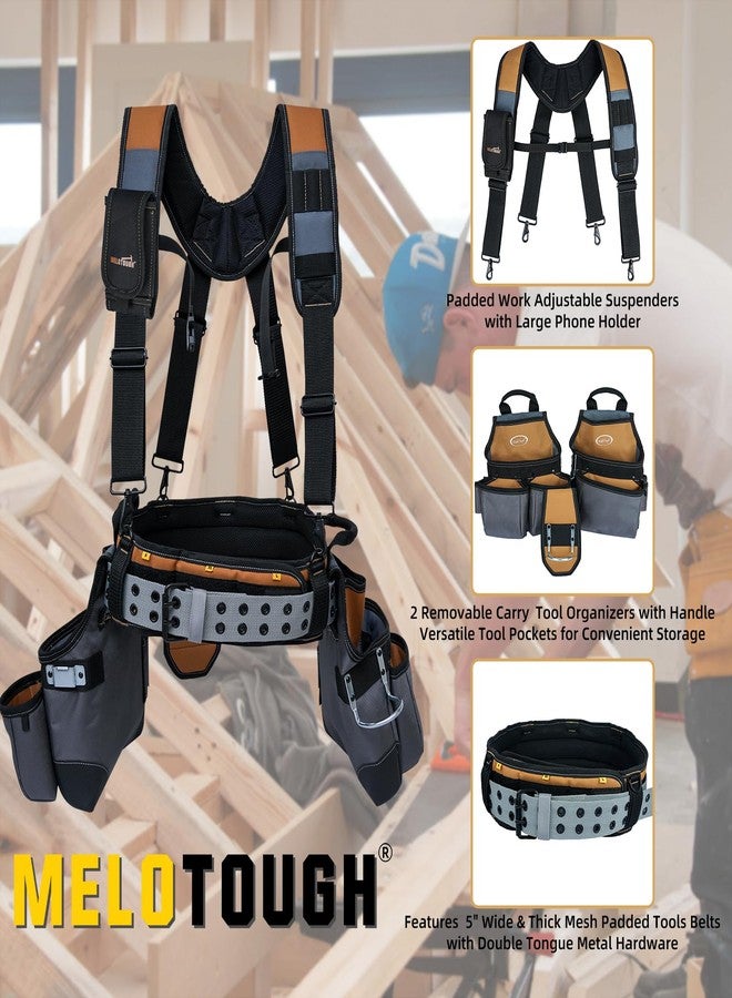 MELOTOUGH 28-Pocket Pro Framer's rig Combo Apron Tool Belt and Heavy Duty Padded Suspenders with Magnetic Desinger for Technician/Carpenter/and Electrician's Tools (Khaki) - Image 3