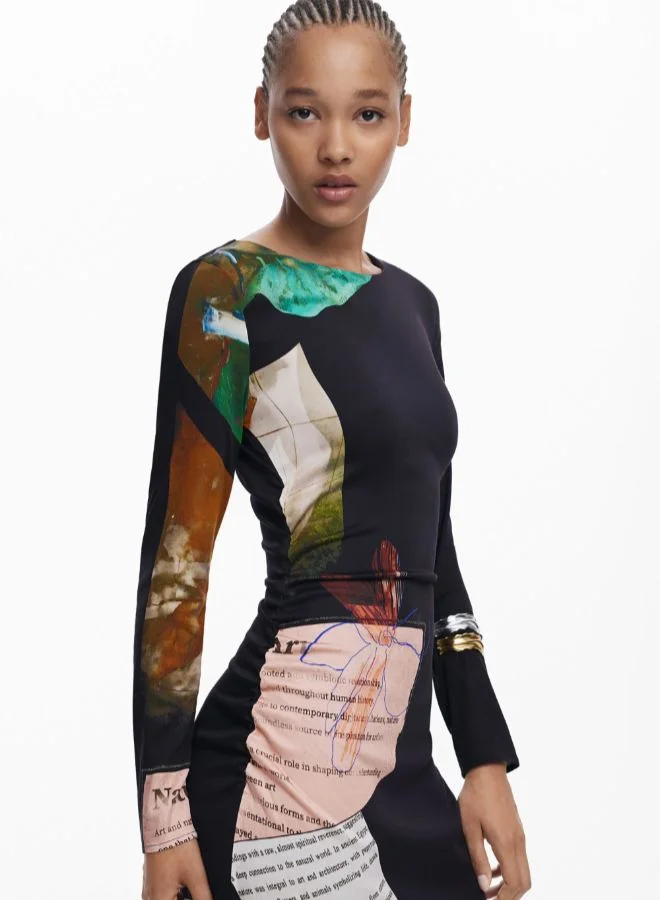 Desigual black with graphic print Collage asymmetrical dress for Women | Best Price UAE