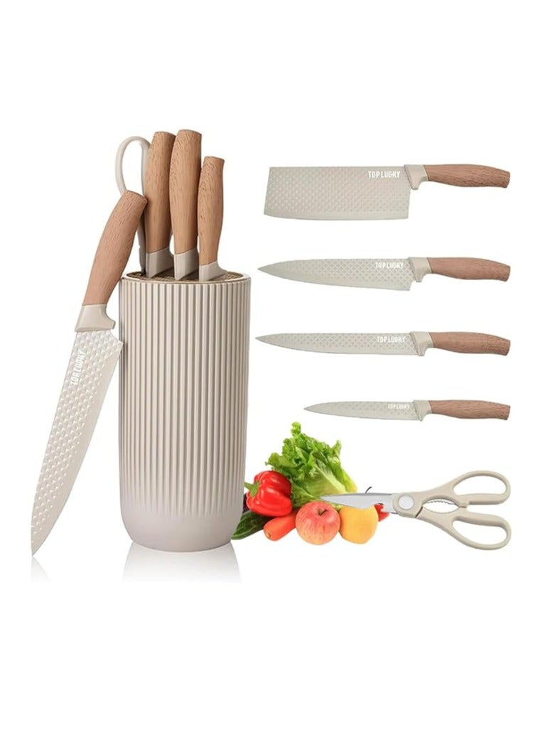 Knife Set, Retrosohoo 6-Pieces Khaki Sharp Knife Set for Kitchen, Non-stick Non-slip Stainless Steel Chef Knife Set with Universal Knife Block Suitable for Home Restaurant - Image 1