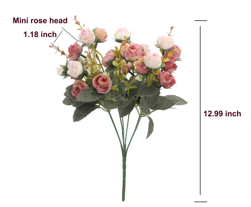 Duovlo 7 Branch 21 Mini Rose Heads Artificial Flowers Bouquet Wedding Home Office Decor,Pack of 4 (Pink) - Image 2