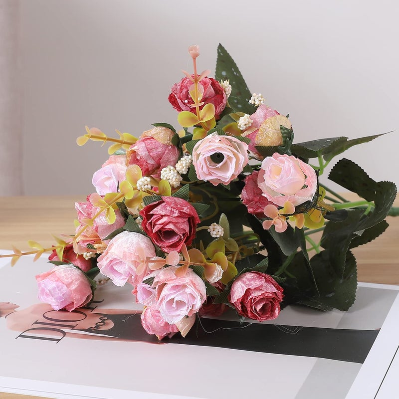 Duovlo 7 Branch 21 Mini Rose Heads Artificial Flowers Bouquet Wedding Home Office Decor,Pack of 4 (Pink) - Image 3