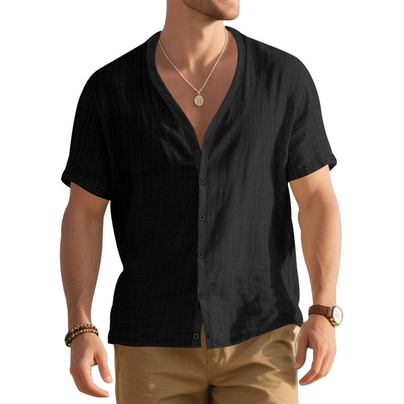 -Style Cross-Border Men''s Summer Faux Linen Bamboo Short-Sleeve Henley Shirt, Loose Casual Trendy Button Cardigan T-Shirt for Men - Image 1