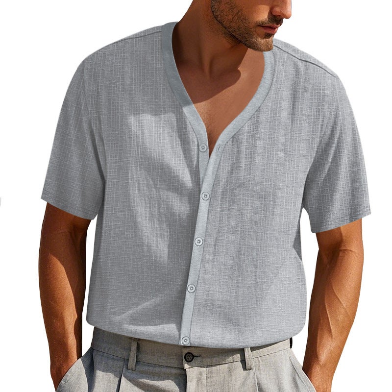 -Style Cross-Border Men''s Summer Faux Linen Bamboo Short-Sleeve Henley Shirt, Loose Casual Trendy Button Cardigan T-Shirt for Men - Image 3