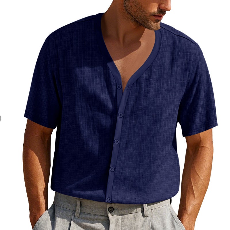 -Style Cross-Border Men''s Summer Faux Linen Bamboo Short-Sleeve Henley Shirt, Loose Casual Trendy Button Cardigan T-Shirt for Men - Image 4