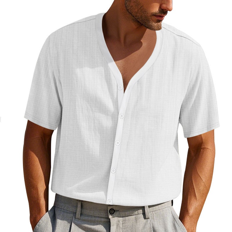 -Style Cross-Border Men''s Summer Faux Linen Bamboo Short-Sleeve Henley Shirt, Loose Casual Trendy Button Cardigan T-Shirt for Men - Image 5