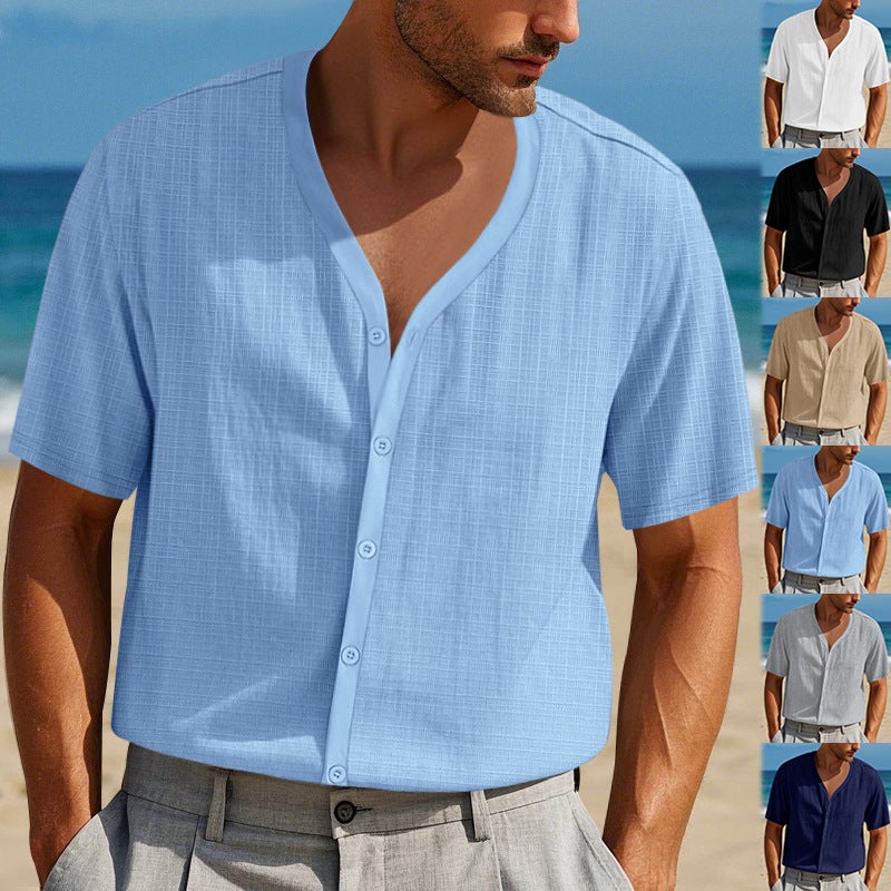 -Style Cross-Border Men''s Summer Faux Linen Bamboo Short-Sleeve Henley Shirt, Loose Casual Trendy Button Cardigan T-Shirt for Men - Image 2