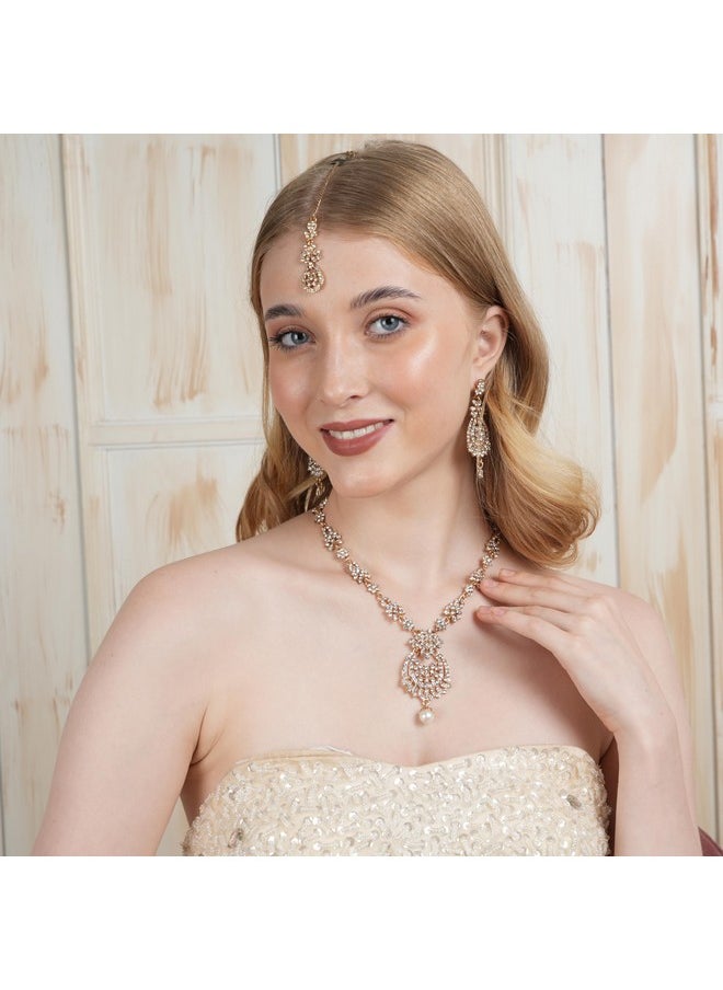 Touchstone - Indian Hollywood White Rhinestone Bridal Designer Jewelry Necklace Set In Antique Gold Tone For Women - Image 1