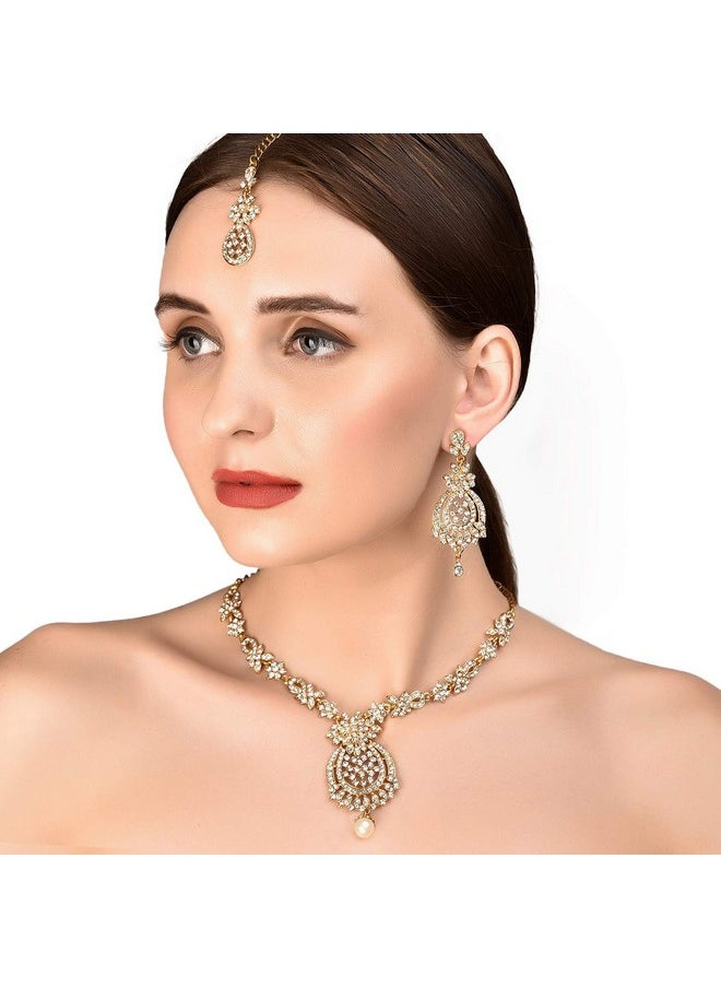 Touchstone - Indian Hollywood White Rhinestone Bridal Designer Jewelry Necklace Set In Antique Gold Tone For Women - Image 1