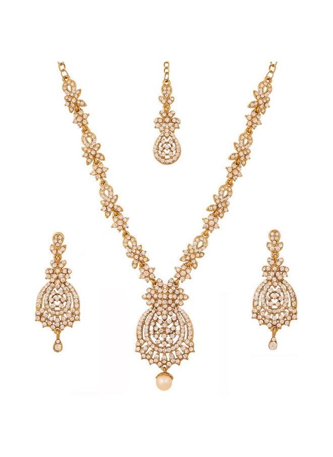 Touchstone - Indian Hollywood White Rhinestone Bridal Designer Jewelry Necklace Set In Antique Gold Tone For Women - Image 1