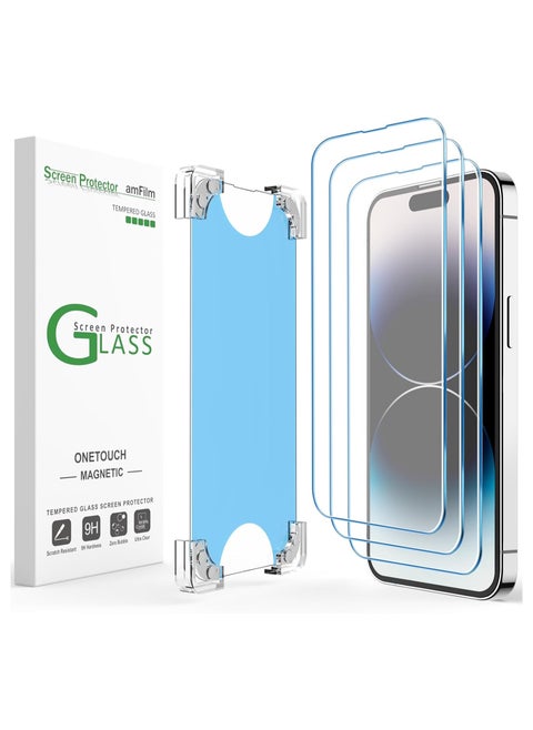 amFilm 3 Pack Magnetic OneTouch Compatible with iPhone 14 Pro Max 6.7" Screen Protector Tempered Glass Edge to Edge Full Coverage with Easy Installation Kit (Magnetic & Reusable)