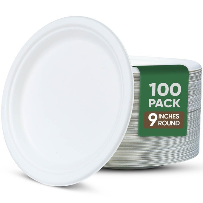 9 INCH PAPER PLATES 100 PACK 100 COMPOSTABLE DINNERWARE LEAK GREASE RESISTANT DISPOSABLE PLATES FOR PARTIES MICROWAVABLE BULK ECOFRIENDLY WHITE